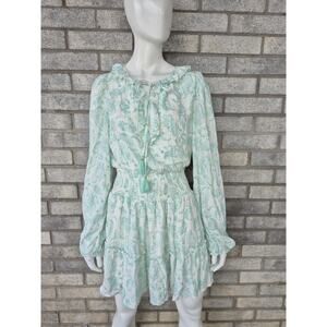 House of Harlow 1960 Boho Mini Dress Mint Paisley Smocked Waist Ruffle Tassel M